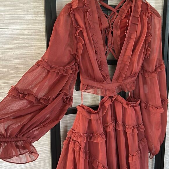 NWT Femi rust color ruffle open side mini dress long sleeves size M - Picture 2 of 6